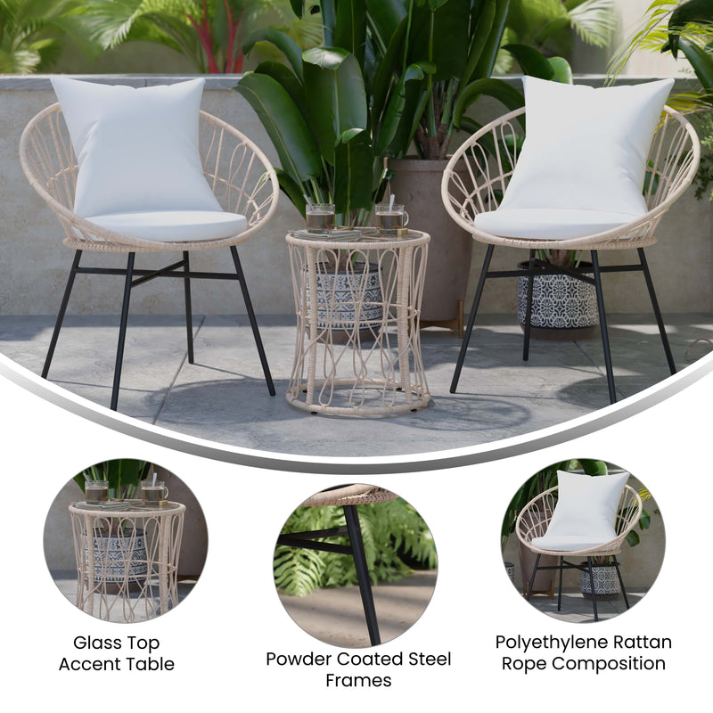 Fielder 3-Piece Tan Indoor/Outdoor Bistro Set with Papasan Style Rattan Rope Chairs, Glass Top Side Table & Cushions