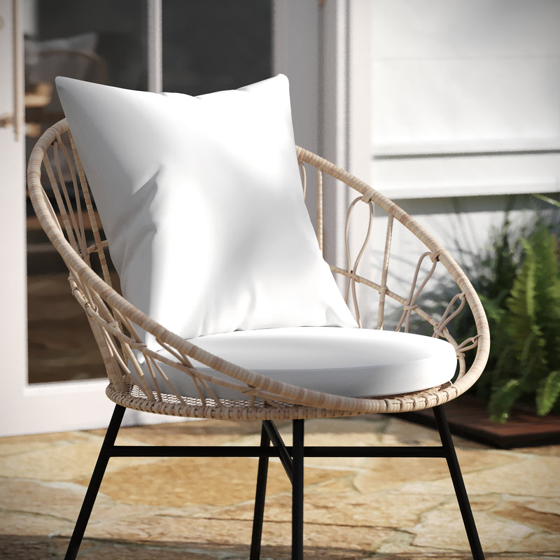 Fielder Set of 2 Indoor/Outdoor Papasan Style Patio Chairs, with Tan Finish PE Wicker Rattan Rope and Cushions