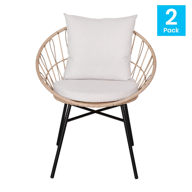 Fielder Set of 2 Indoor/Outdoor Papasan Style Patio Chairs, with Tan Finish PE Wicker Rattan Rope and Cushions