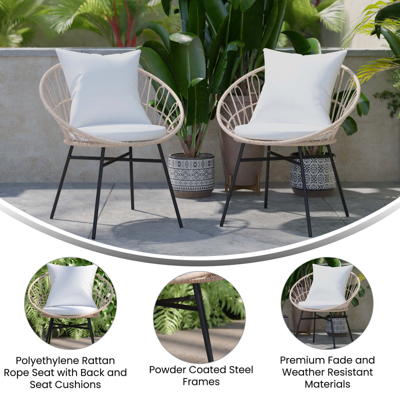 Fielder Set of 2 Indoor/Outdoor Papasan Style Patio Chairs, with Tan Finish PE Wicker Rattan Rope and Cushions