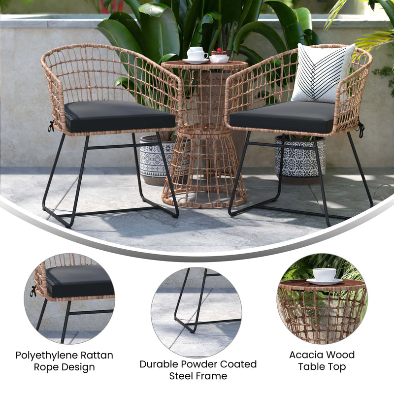 Fielder 3-Piece Natural Indoor/Outdoor Patio Bistro Set with 2 Rattan Rope Chairs, Acacia Wood Top Table & Seat Cushions