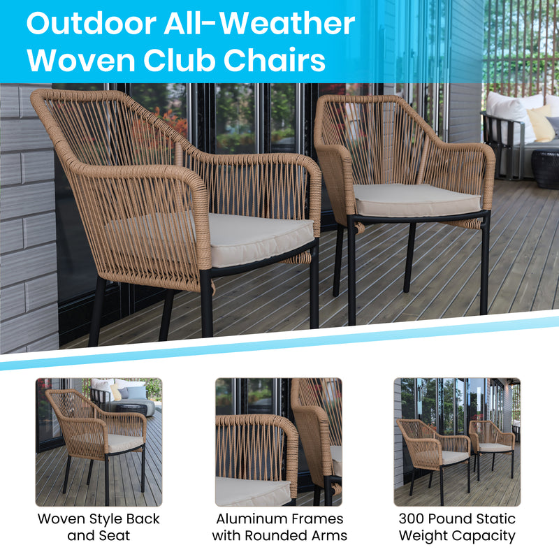 Kyla Set of 2 Aluminum Framed Stackable All-Weather Woven Club Chairs with Rounded Arms & Zippered Seat Cushions