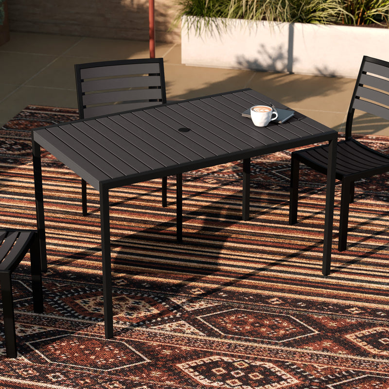 Outdoor Dining Table with Synthetic Teak Poly Slats - Steel Framed Restaurant Table with Umbrella Holder Hole