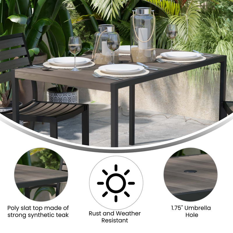 Outdoor Dining Table with Synthetic Teak Poly Slats - Steel Framed Restaurant Table with Umbrella Holder Hole