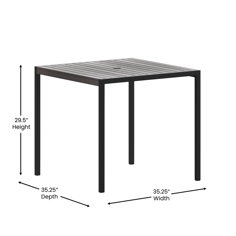 Lark Outdoor Dining Table with Synthetic Gray Wash Teak Poly Slats - 35" Square Steel Framed Restaurant Table with Umbrella Hole