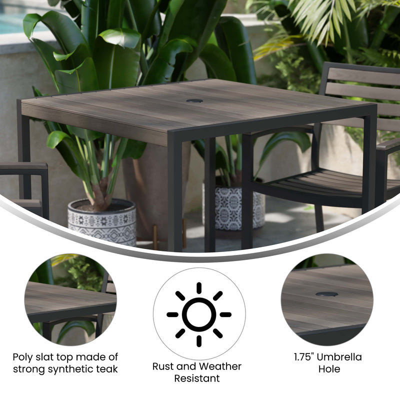 Lark Outdoor Dining Table with Synthetic Gray Wash Teak Poly Slats - 35" Square Steel Framed Restaurant Table with Umbrella Hole