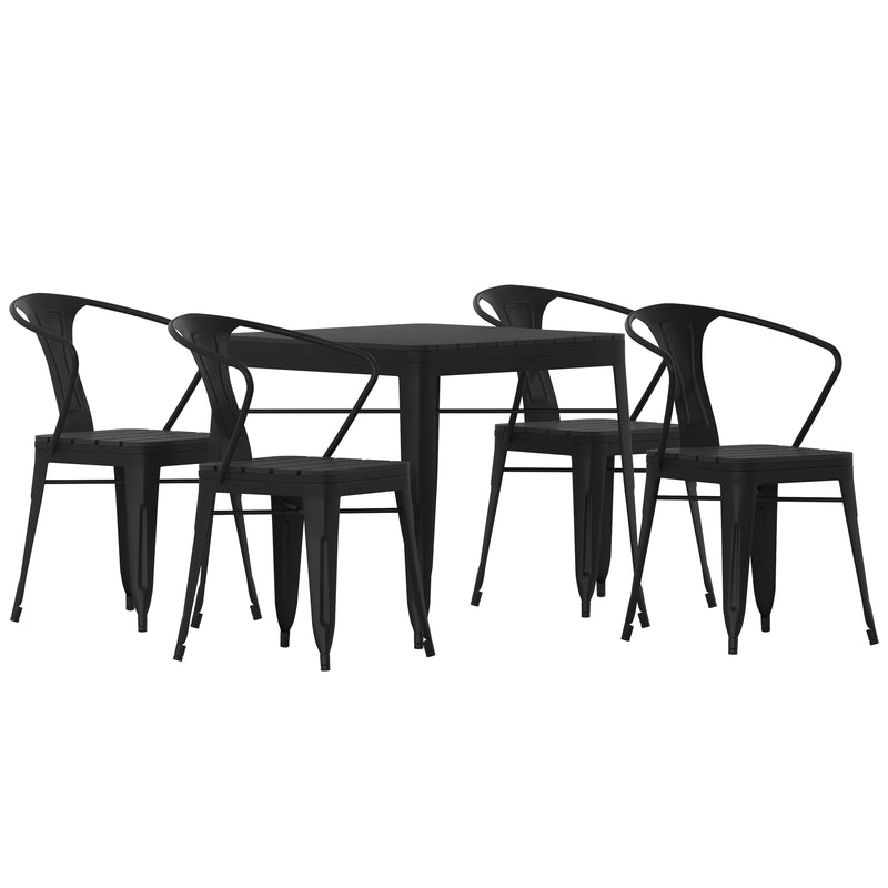 Wylie 5 Piece Table and Chairs Set with Faux Wood Slatted Backs and Seats and Tabletop in Black