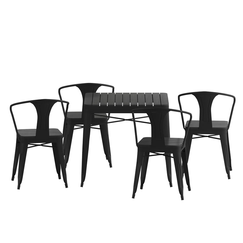 Wylie 5 Piece Table and Chairs Set with Faux Wood Slatted Backs and Seats and Tabletop in Black