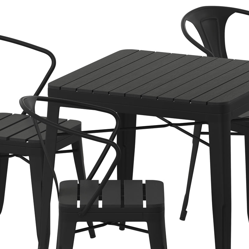 Wylie 5 Piece Table and Chairs Set with Faux Wood Slatted Backs and Seats and Tabletop in Black