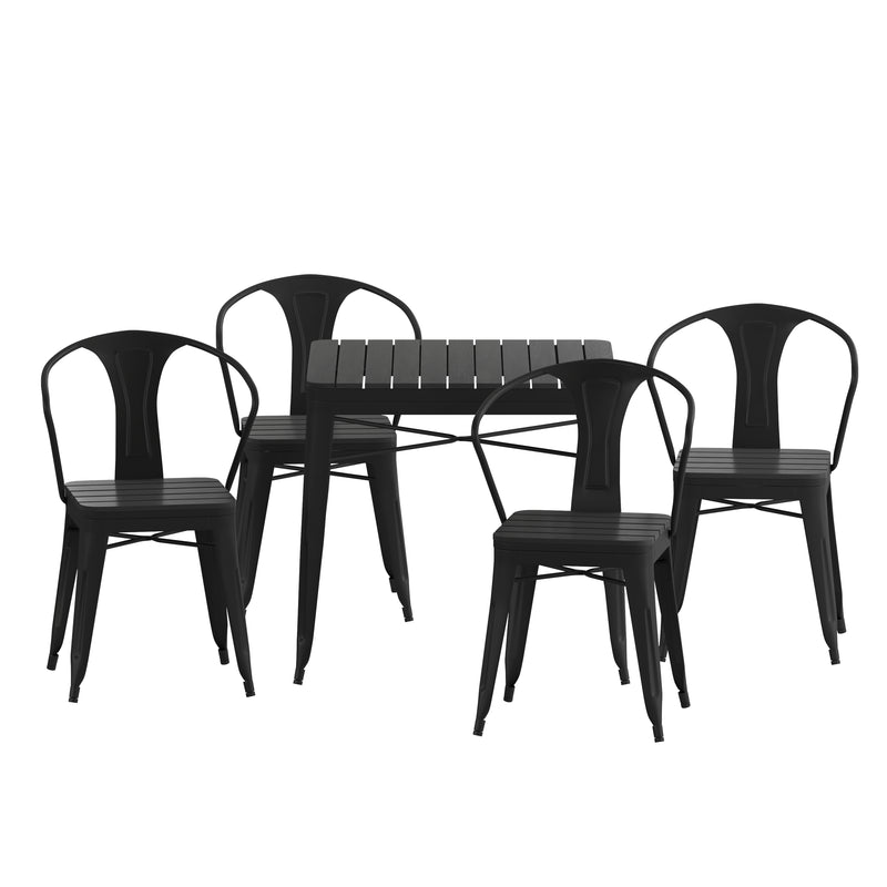 Wylie 5 Piece Table and Chairs Set with Faux Wood Slatted Backs and Seats and Tabletop in Black