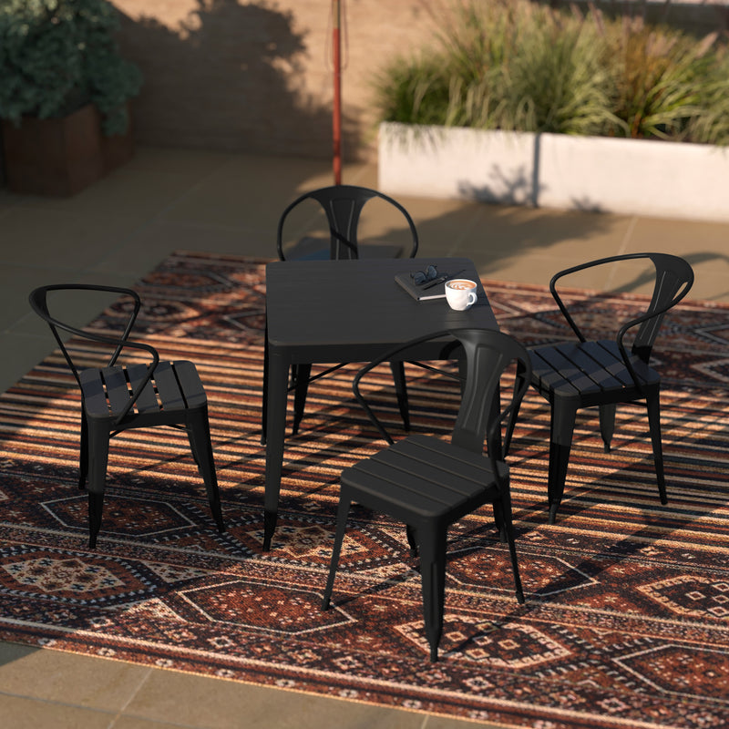 Wylie 5 Piece Table and Chairs Set with Faux Wood Slatted Backs and Seats and Tabletop in Black