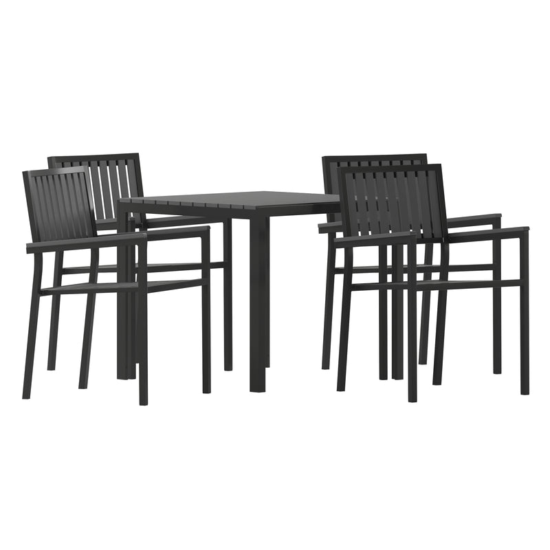 Henson 5 Piece Table and Chairs Set with Faux Wood Slatted Backs and Seats and Tabletop in Black