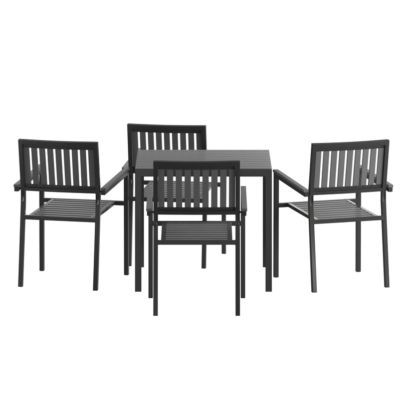 Henson 5 Piece Table and Chairs Set with Faux Wood Slatted Backs and Seats and Tabletop in Black