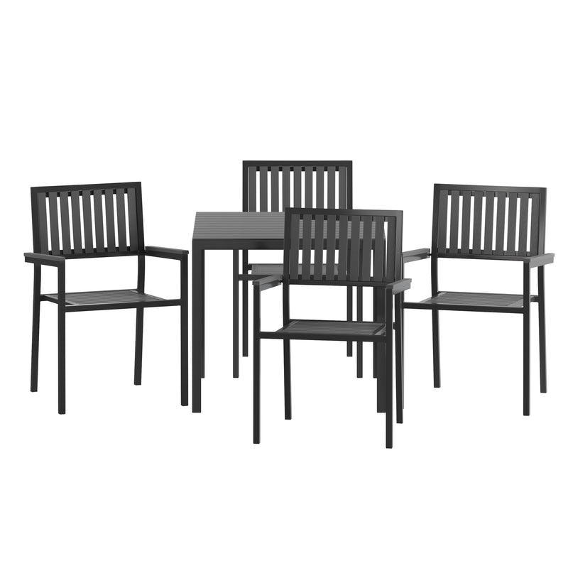 Henson 5 Piece Table and Chairs Set with Faux Wood Slatted Backs and Seats and Tabletop in Black