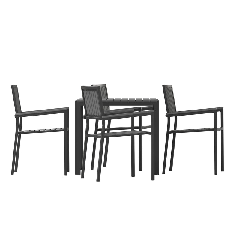 Henson 5 Piece Table and Chairs Set with Faux Wood Slatted Backs and Seats and Tabletop in Black