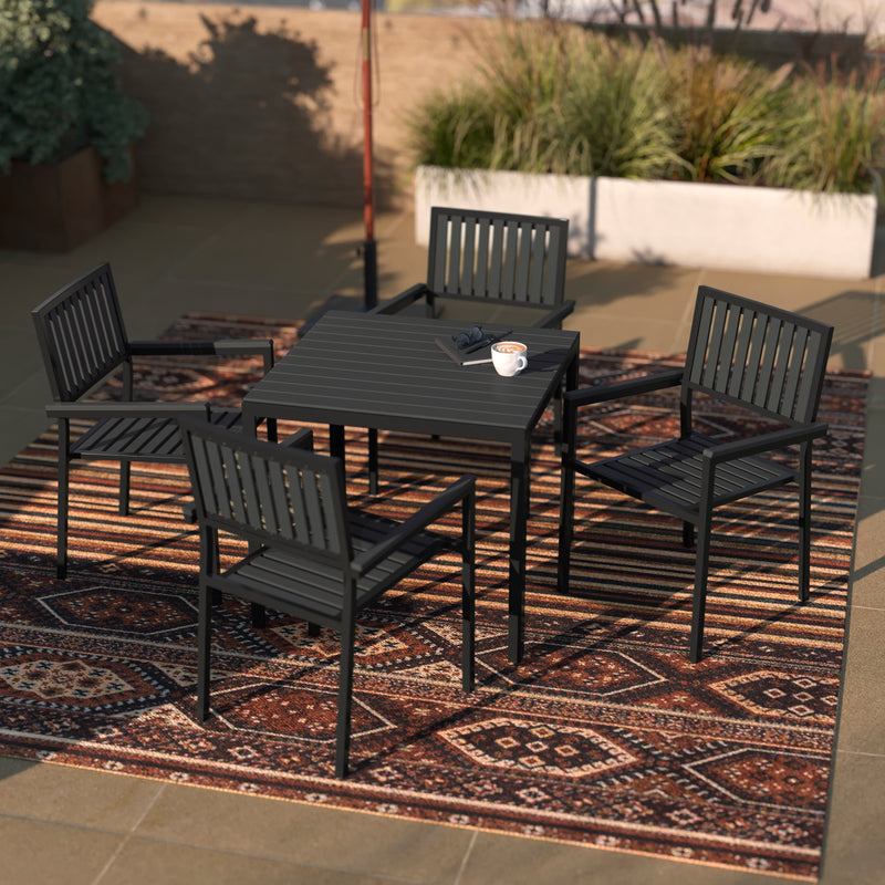 Henson 5 Piece Table and Chairs Set with Faux Wood Slatted Backs and Seats and Tabletop in Black