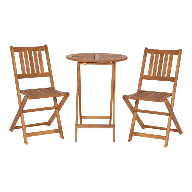 Zane 3 Piece Folding Patio Set, Indoor/Outdoor Acacia Wood Table and 2 Chair Set with Slatted Design