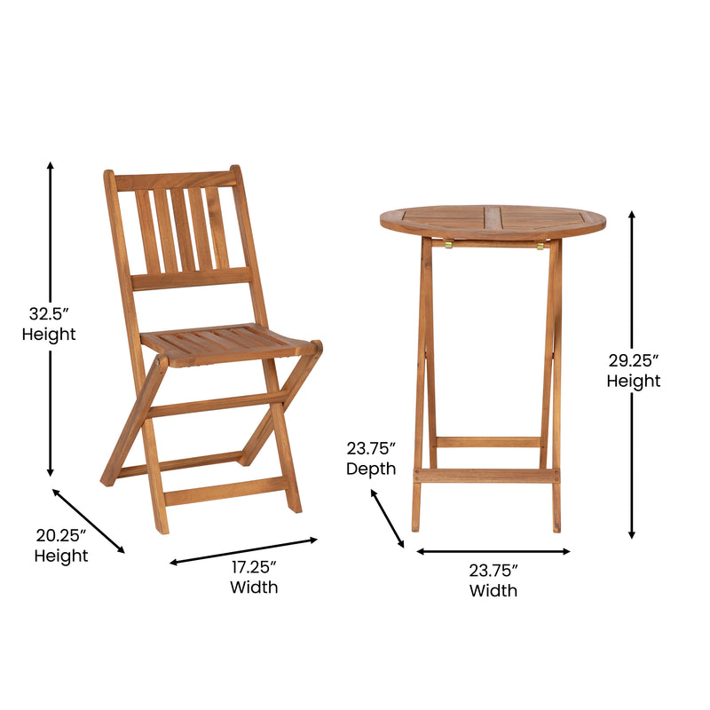 Zane 3 Piece Folding Patio Set, Indoor/Outdoor Acacia Wood Table and 2 Chair Set with Slatted Design