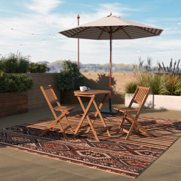 Zane 3 Piece Folding Patio Set, Indoor/Outdoor Acacia Wood Table and 2 Chair Set with Slatted Design