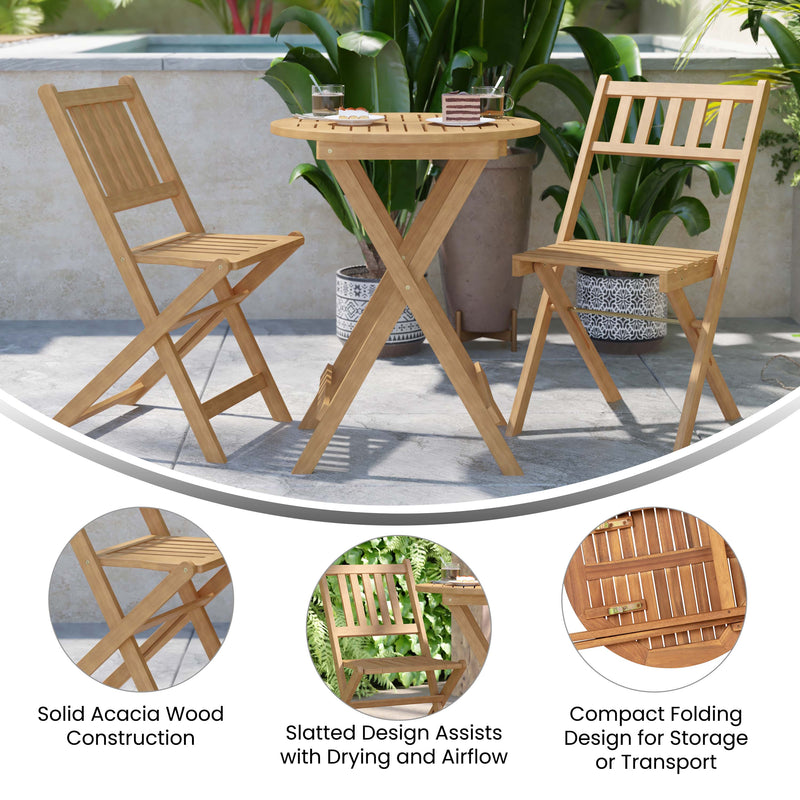 Zane 3 Piece Folding Patio Set, Indoor/Outdoor Acacia Wood Table and 2 Chair Set with Slatted Design