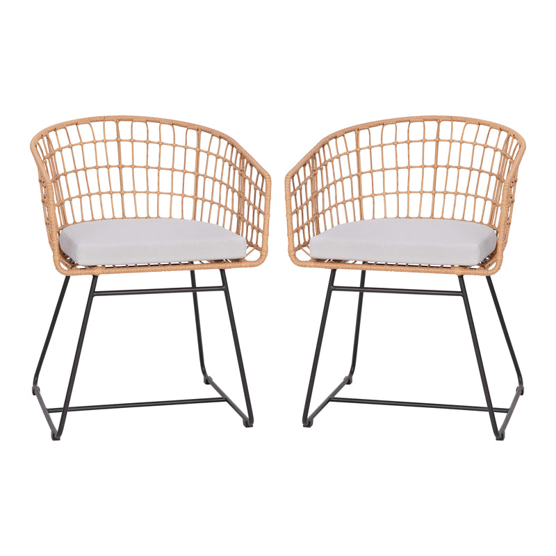 Fielder Set of 2 Indoor/Outdoor Boho Natural PE Wicker Rattan Patio Club Chairs with Cushions and Sled Bases