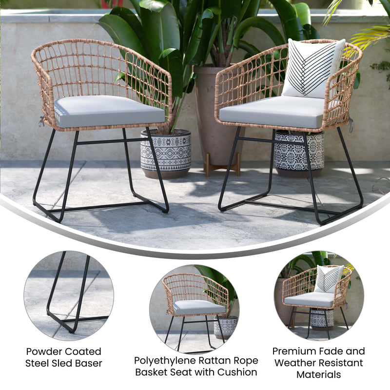 Fielder Set of 2 Indoor/Outdoor Boho Natural PE Wicker Rattan Patio Club Chairs with Cushions and Sled Bases