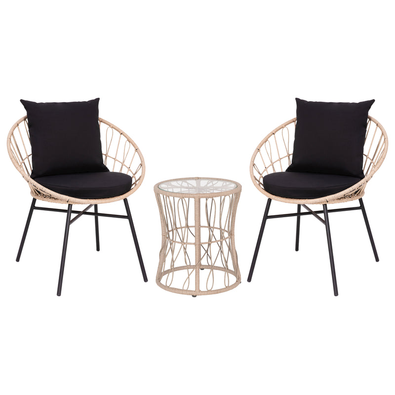 Fielder 3-Piece Tan Indoor/Outdoor Bistro Set with Papasan Style Rattan Rope Chairs, Glass Top Side Table & Cushions