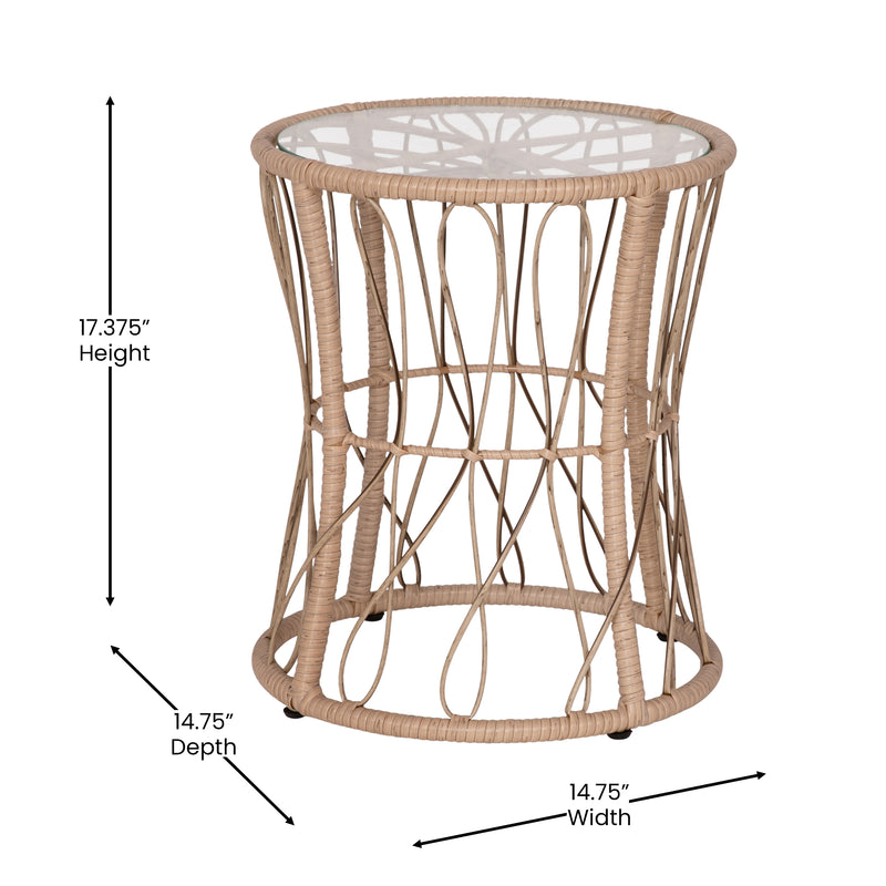 Fielder 3-Piece Tan Indoor/Outdoor Bistro Set with Papasan Style Rattan Rope Chairs, Glass Top Side Table & Cushions