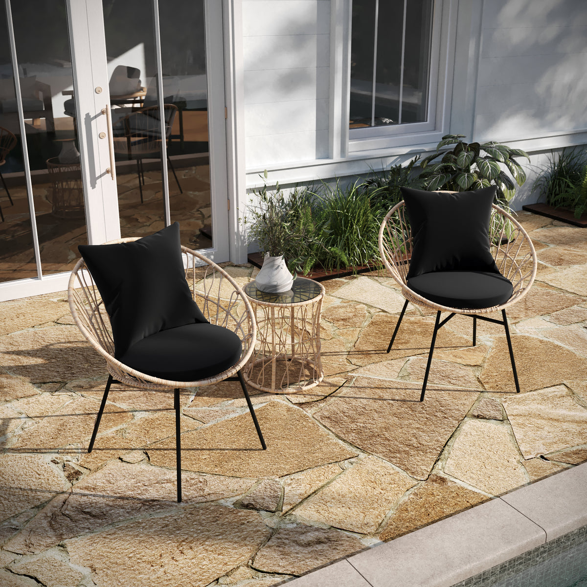 PHI VILLA Black Ergonomic Brown Textilene Metal Outdoor