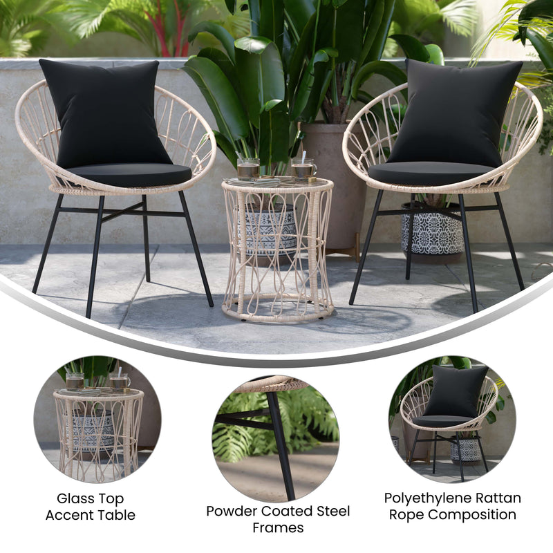 Fielder 3-Piece Tan Indoor/Outdoor Bistro Set with Papasan Style Rattan Rope Chairs, Glass Top Side Table & Cushions