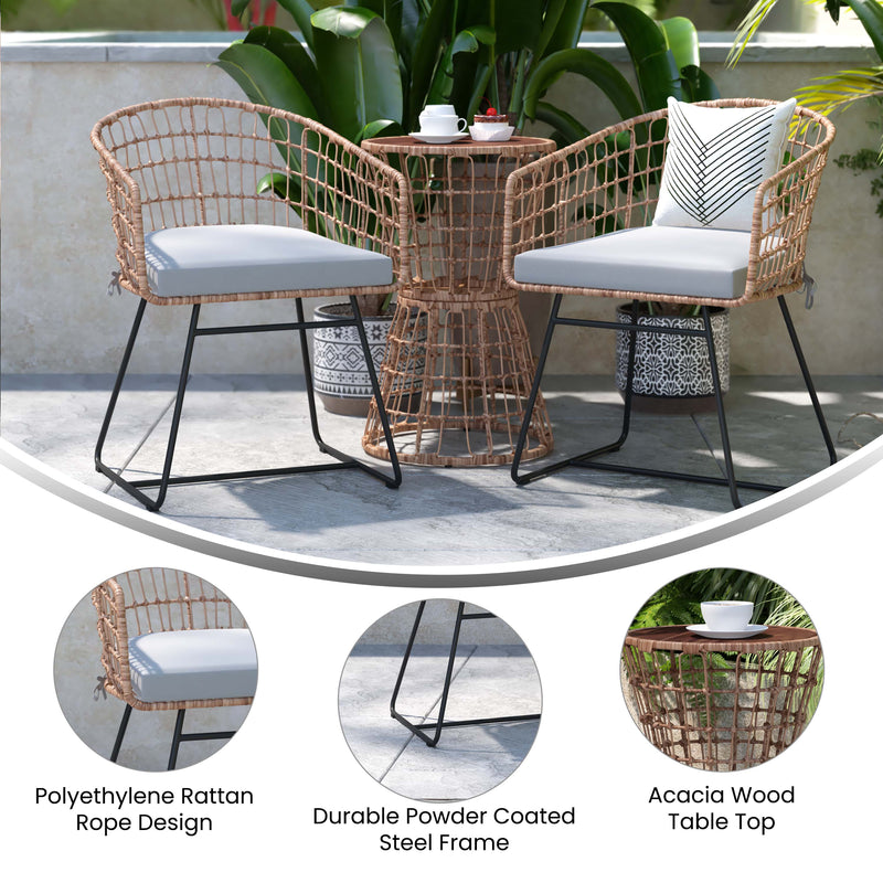 Fielder 3-Piece Natural Indoor/Outdoor Patio Bistro Set with 2 Rattan Rope Chairs, Acacia Wood Top Table & Seat Cushions