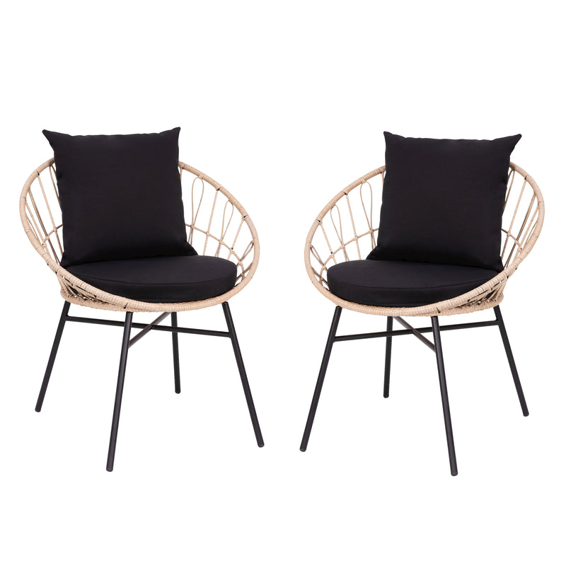 Fielder Set of 2 Indoor/Outdoor Papasan Style Patio Chairs, with Tan Finish PE Wicker Rattan Rope and Cushions