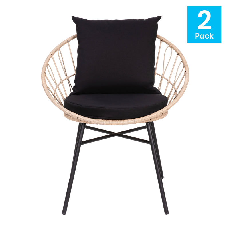 Fielder Set of 2 Indoor/Outdoor Papasan Style Patio Chairs, with Tan Finish PE Wicker Rattan Rope and Cushions