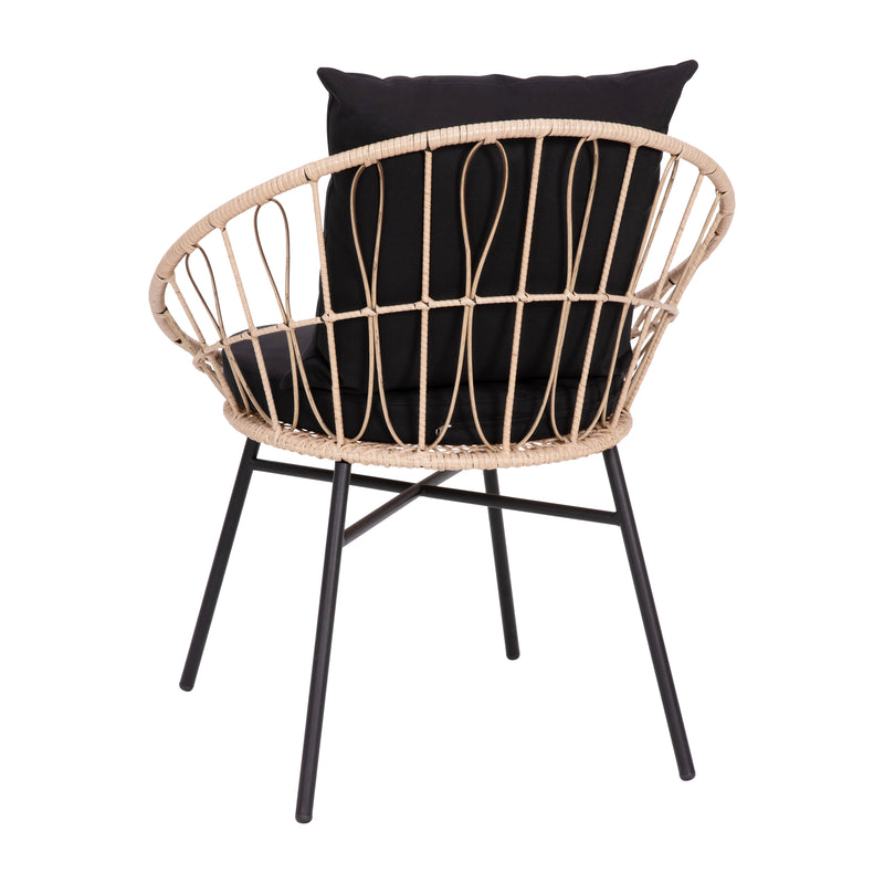 Fielder Set of 2 Indoor/Outdoor Papasan Style Patio Chairs, with Tan Finish PE Wicker Rattan Rope and Cushions