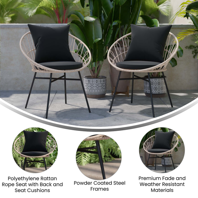 Fielder Set of 2 Indoor/Outdoor Papasan Style Patio Chairs, with Tan Finish PE Wicker Rattan Rope and Cushions