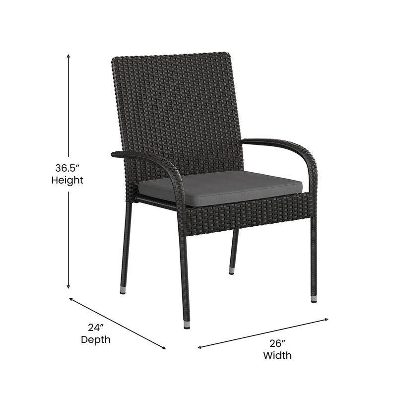 Maxim Set of 4 Stackable Indoor/Outdoor Wicker Dining Chairs with 1.25" Thick Tie-On Padded Seat Cushions - Fade & Weather-Resistant