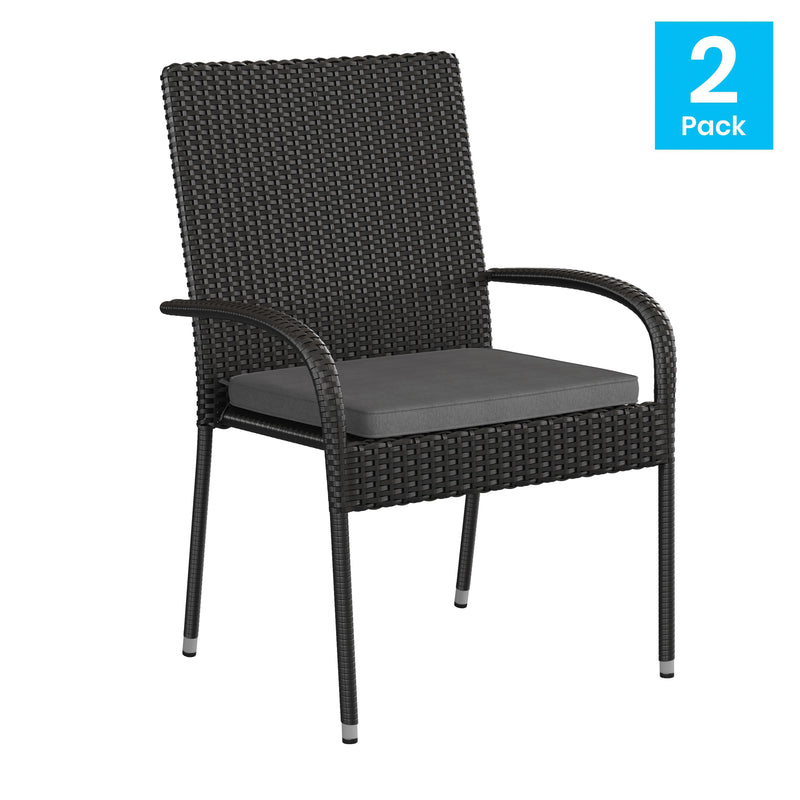 Maxim Set of 4 Stackable Indoor/Outdoor Wicker Dining Chairs with 1.25" Thick Tie-On Padded Seat Cushions - Fade & Weather-Resistant