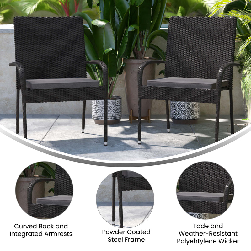 Maxim Set of 4 Stackable Indoor/Outdoor Wicker Dining Chairs with 1.25" Thick Tie-On Padded Seat Cushions - Fade & Weather-Resistant