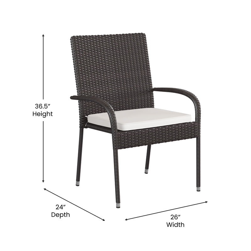 Maxim Set of 4 Stackable Indoor/Outdoor Wicker Dining Chairs with 1.25" Thick Tie-On Padded Seat Cushions - Fade & Weather-Resistant