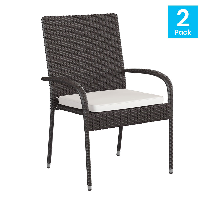 Maxim Set of 4 Stackable Indoor/Outdoor Wicker Dining Chairs with 1.25" Thick Tie-On Padded Seat Cushions - Fade & Weather-Resistant