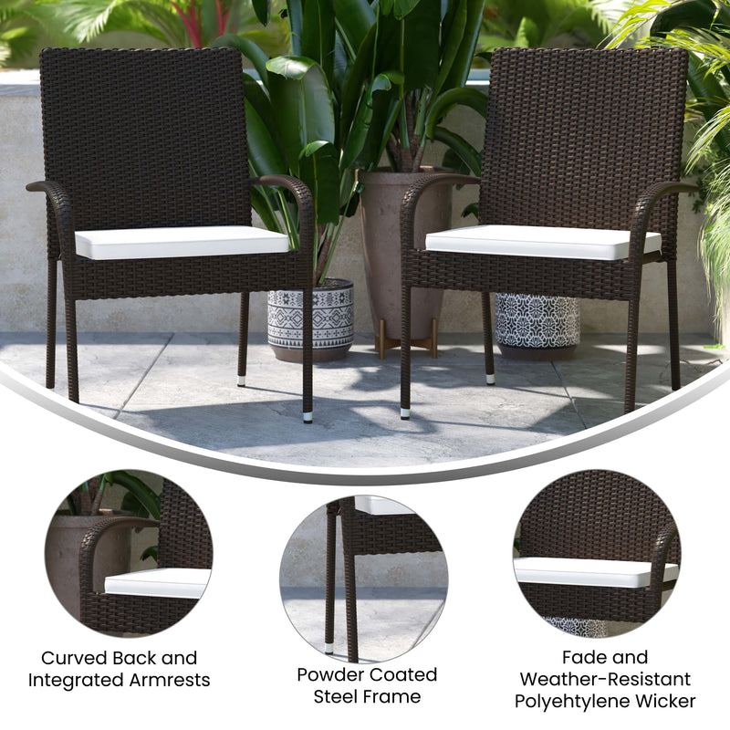 Maxim Set of 4 Stackable Indoor/Outdoor Wicker Dining Chairs with 1.25" Thick Tie-On Padded Seat Cushions - Fade & Weather-Resistant