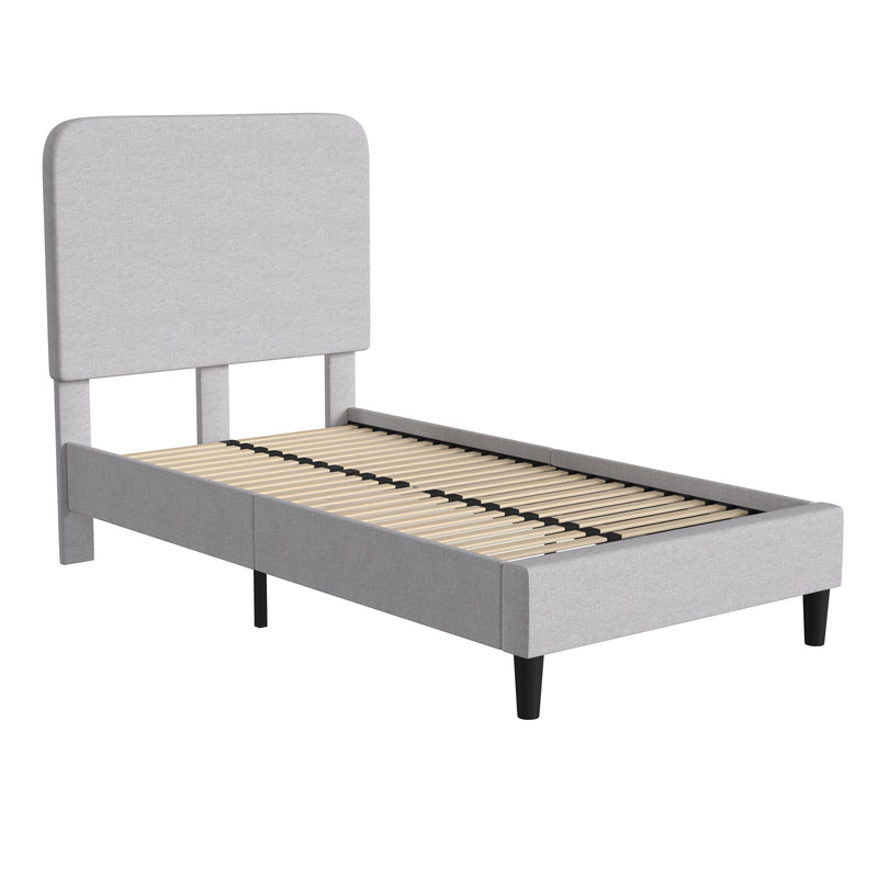 Adaire Fabric Upholstered Platform Bed Frame with Rounded Headboard in Light Gray