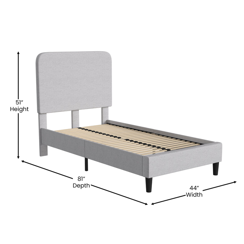 Adaire Fabric Upholstered Platform Bed Frame with Rounded Headboard in Light Gray