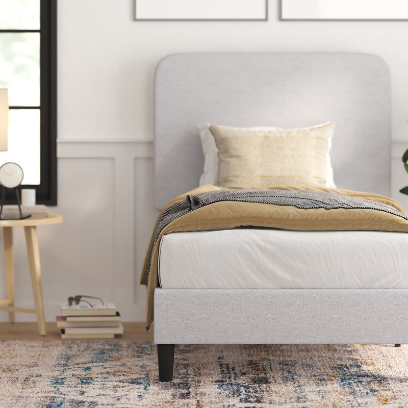 Adaire Fabric Upholstered Platform Bed Frame with Rounded Headboard in Light Gray