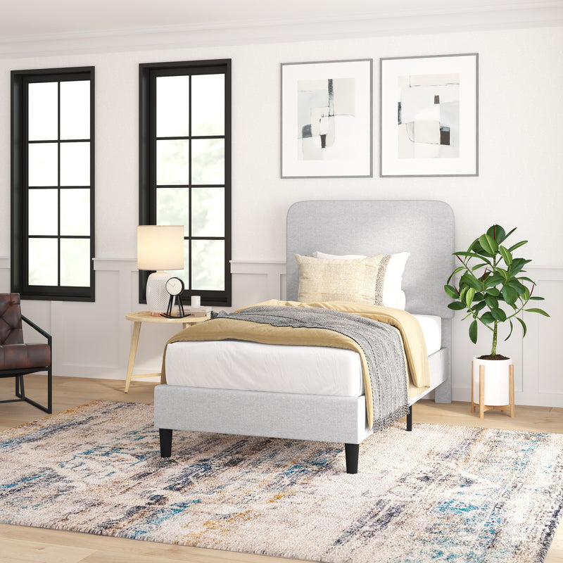 Adaire Fabric Upholstered Platform Bed Frame with Rounded Headboard in Light Gray