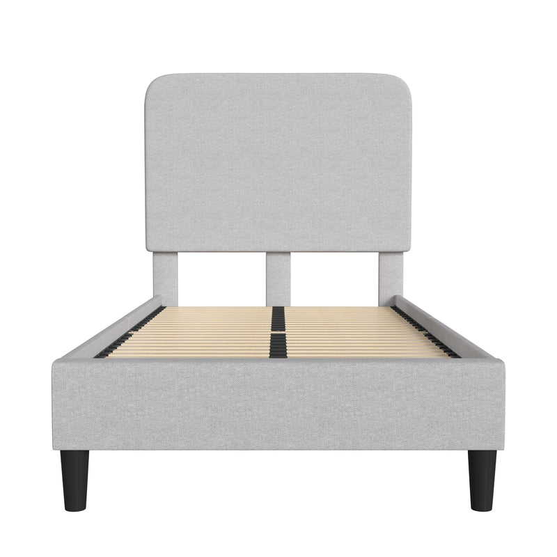 Adaire Fabric Upholstered Platform Bed Frame with Rounded Headboard in Light Gray