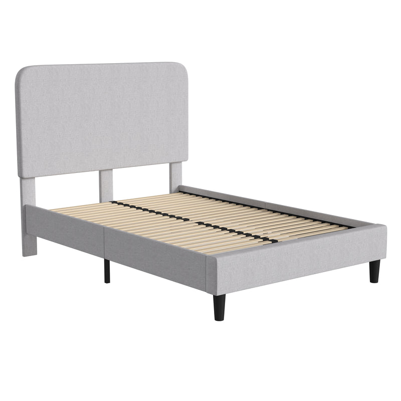 Adaire Fabric Upholstered Platform Bed Frame with Rounded Headboard in Light Gray