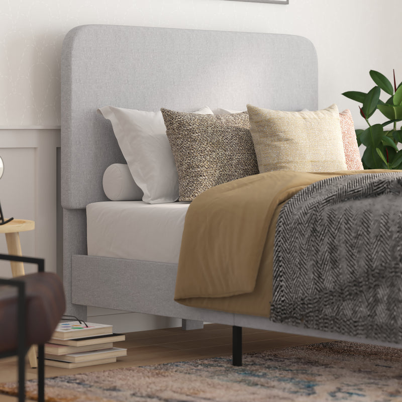 Adaire Fabric Upholstered Platform Bed Frame with Rounded Headboard in Light Gray