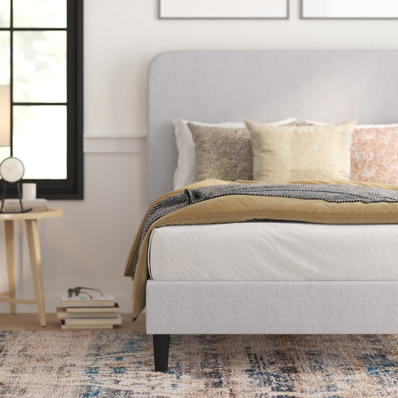 Adaire Fabric Upholstered Platform Bed Frame with Rounded Headboard in Light Gray