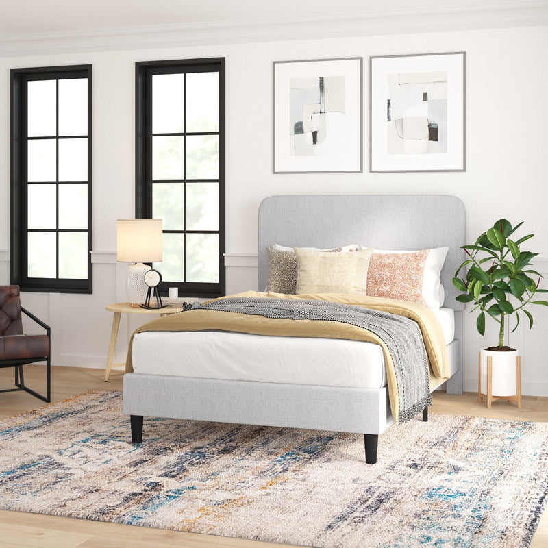 Adaire Fabric Upholstered Platform Bed Frame with Rounded Headboard in Light Gray